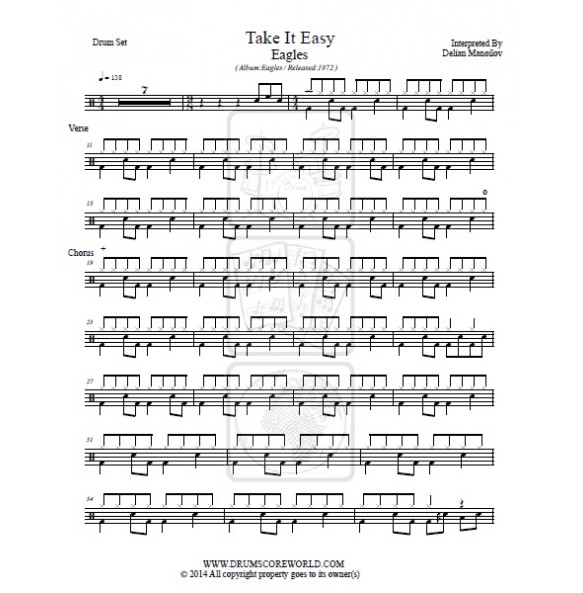 Eagles - Take It Easy - Drum Sheet - Drum Score - Drum Note - Drum